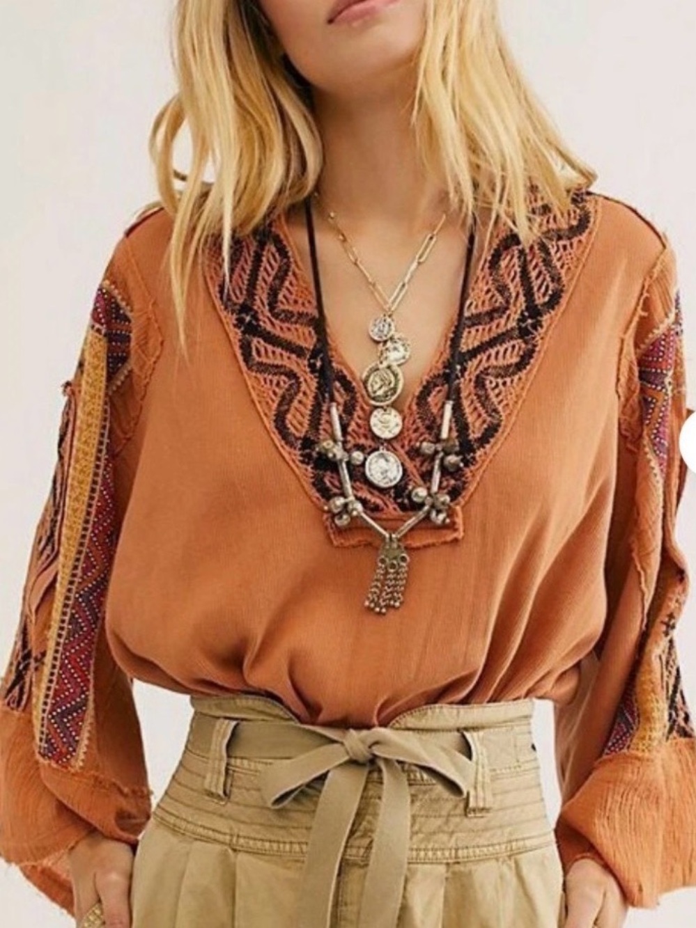 Free People Cross Country Sienna Bell Sleeve Top M Embroidered Boho Festival 70s